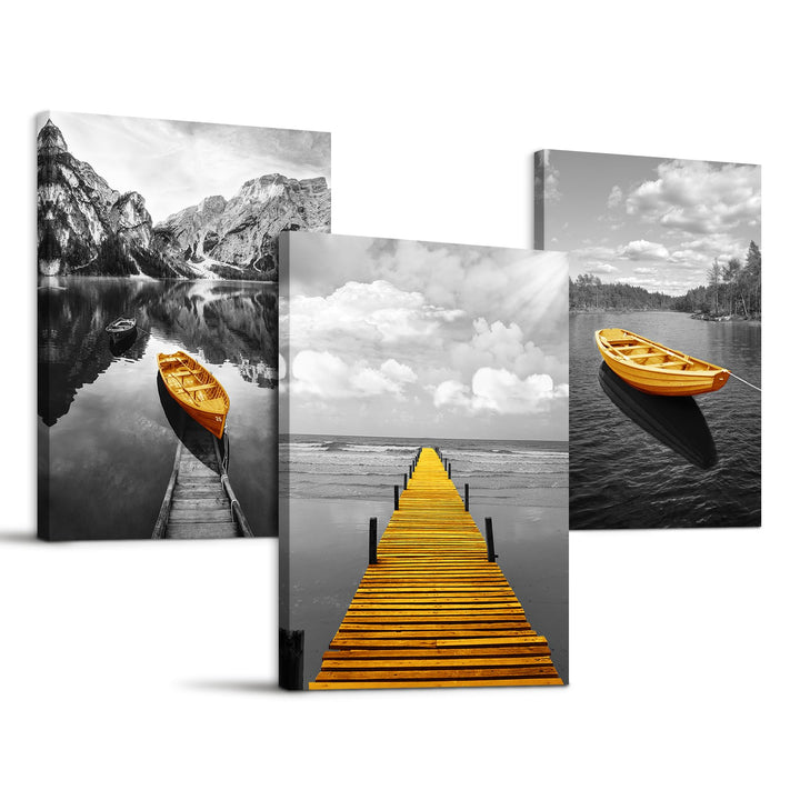 hyidecorart Bilder Landschaft Natur, Wandbild Grau Gelb Nordischer Boot, Modern Berge und See Panora