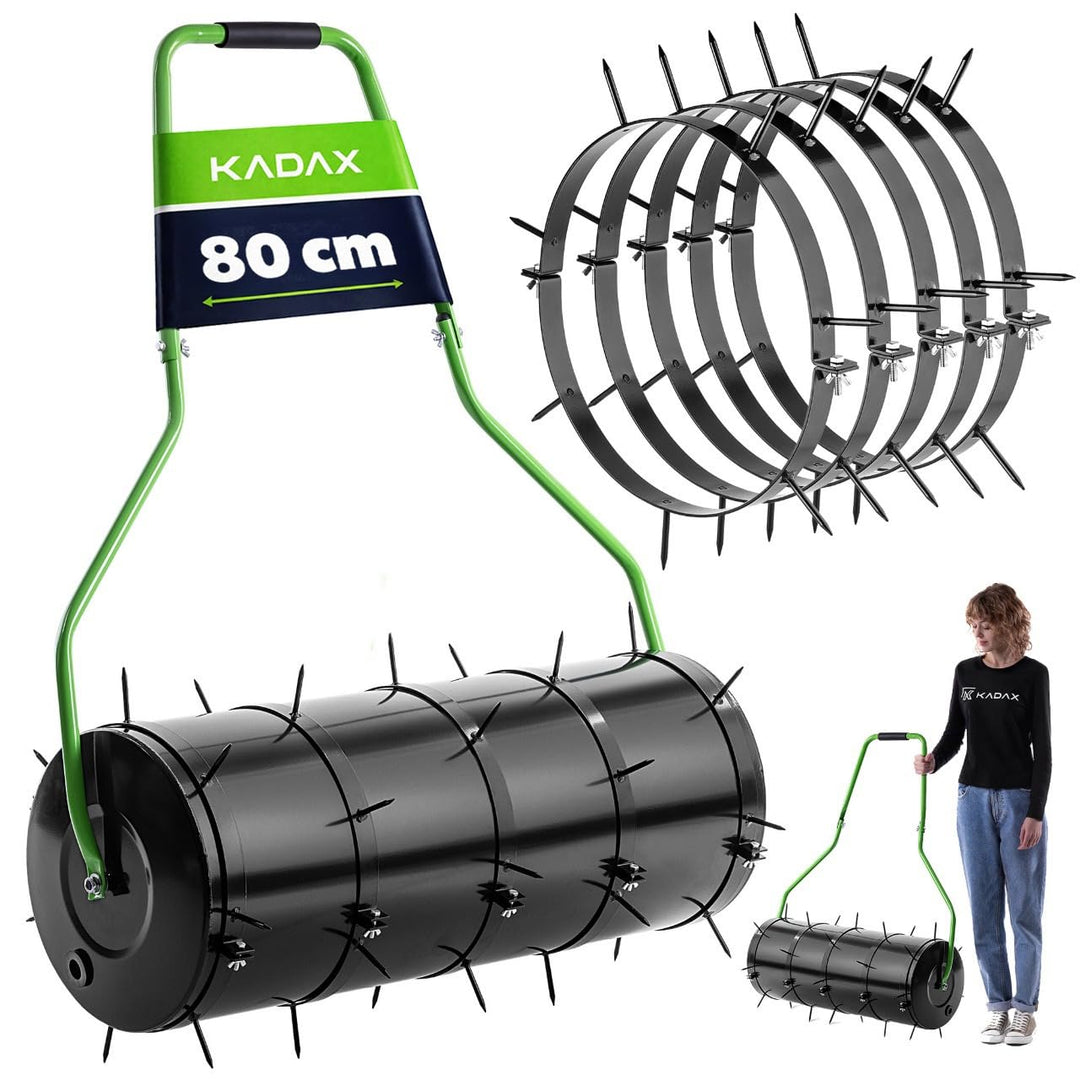 KADAX Rasenlüfter Walze 80 cm, Befüllbar mit Wasser oder Sand, Rasenwalze mit 6 cm Nägeln, Rasenbelü