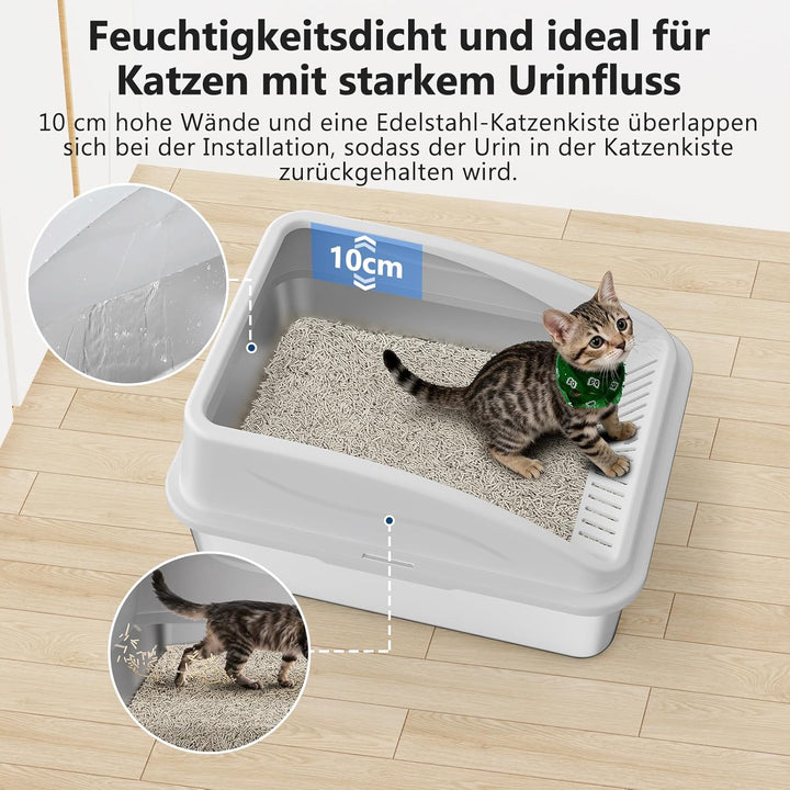 FURTIME Katzenklo Edelstahl, Katzentoilette Edelstahl 18L mit Schaufel, Katzenklo Metall mit Hochwan