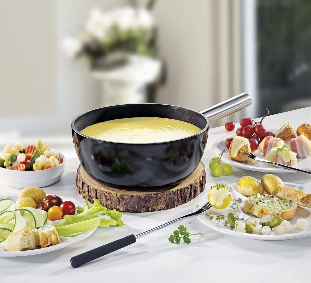 Spring Fondue Topf | Caquelon aus Aluminium-Guss | schwarz emailliert | Edelstahl Griff | antihaftbe