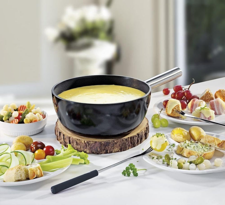 Spring Fondue Topf | Caquelon aus Aluminium-Guss | schwarz emailliert | Edelstahl Griff | antihaftbe