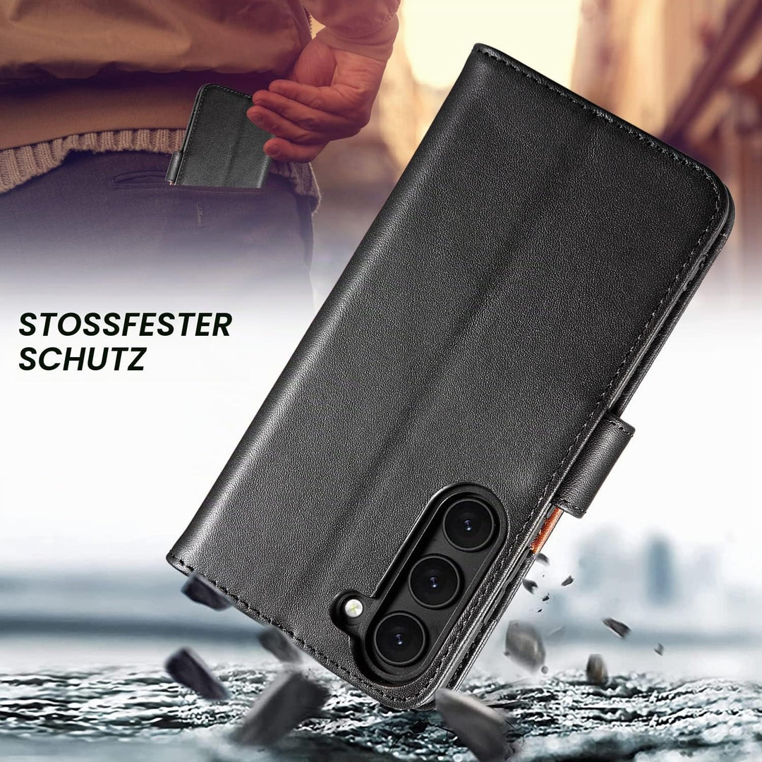 LENSUN Echtleder Hülle für Samsung Galaxy S23, Handyhülle [Echtes Leder] [Magnetverschluss] [RFID Sc