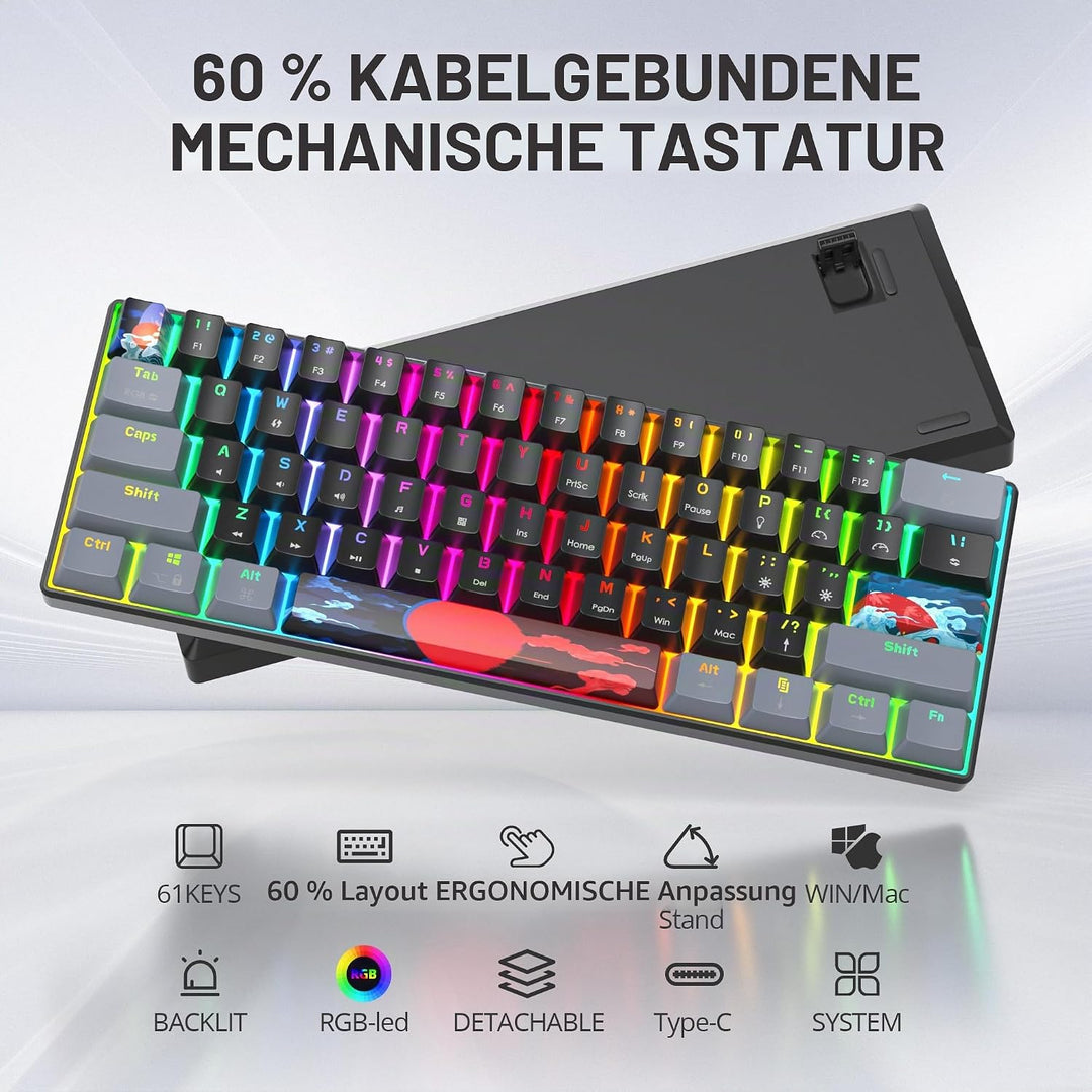 SOLIDEE Tragbare 60% mechanische Gaming-Tastatur,61 Tasten kompakte RGB Hintergrundbeleuchtung,kabel
