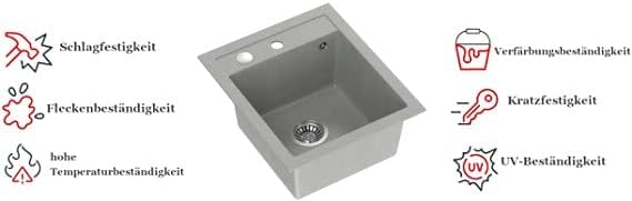 VBChome Spülbecken Grau 43 x 50 cm Granit Einzelbecken Einbauspüle gesprenkelt Verbundspüle + Siphon