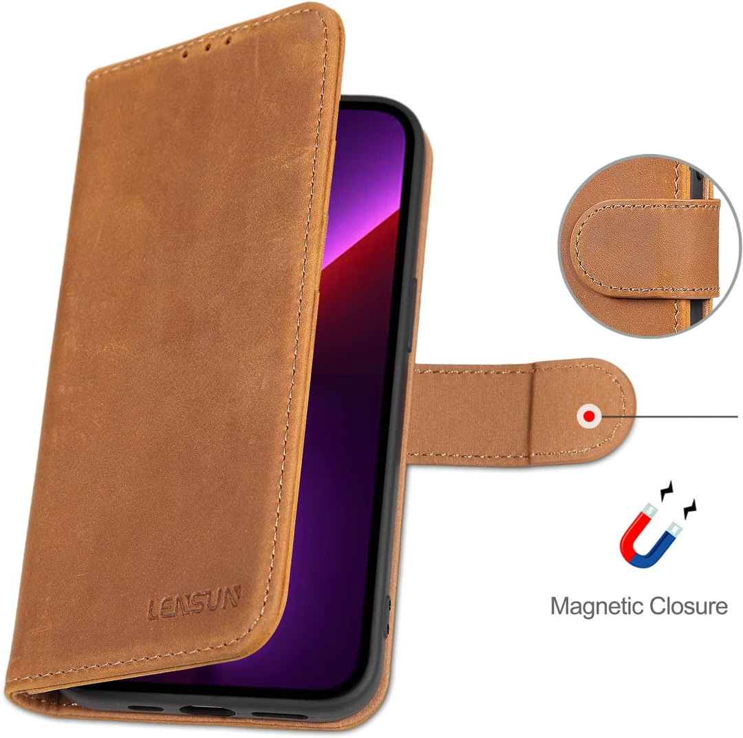 LENSUN Echtleder Hülle für iPhone 13 Pro, Handyhülle [Echtes Leder][Magnetverschluss][RFID Schutz] H