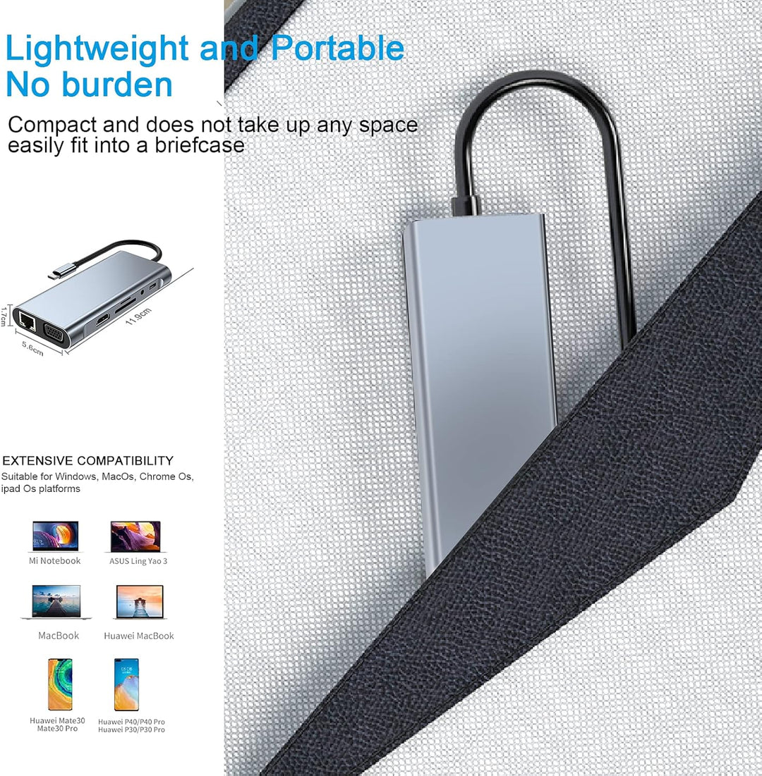 USB C HUB, Docking Station, 11-in-1 USB C Adapter mit 4K-HDMI, VGA, USB 3.0 Port, Type C PD, Etherne