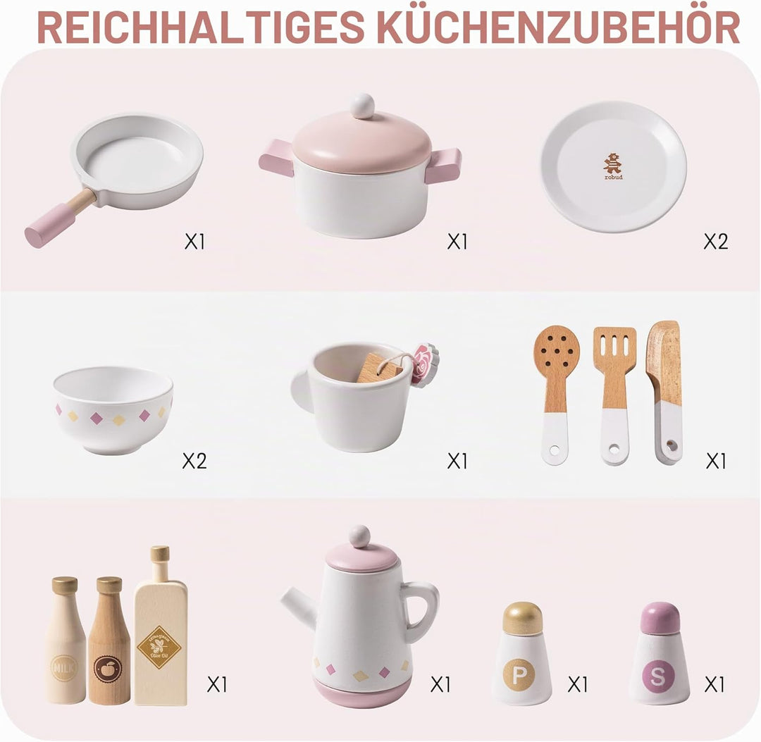 ROBUD Spielküche für Kinder Kleinkinder, Spielküche aus Holz mit realistischem Zubehör, Spielzeugküc