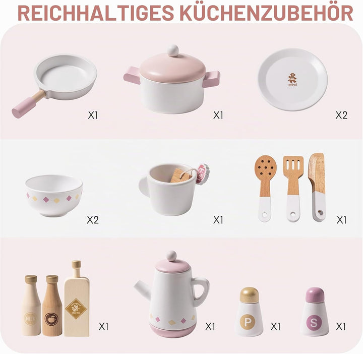ROBUD Spielküche für Kinder Kleinkinder, Spielküche aus Holz mit realistischem Zubehör, Spielzeugküc