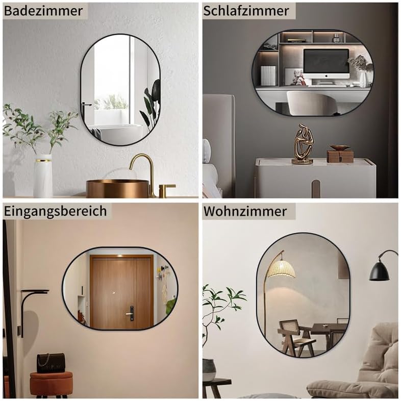 Spiegel Schwarz 80x50cm Ovaler Wandspiegel mit Metallrahmen Dekorative Spiege für Badezimmer Wohnzim
