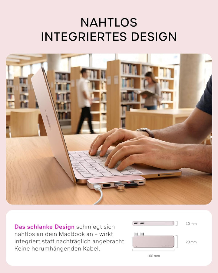 SATECHI USB-C Snap Hub 6-in-2 für MacBook Neo, Rosa | PD 45 W, HDMI 4K@60 Hz, Dual-USB-C Anschluss,