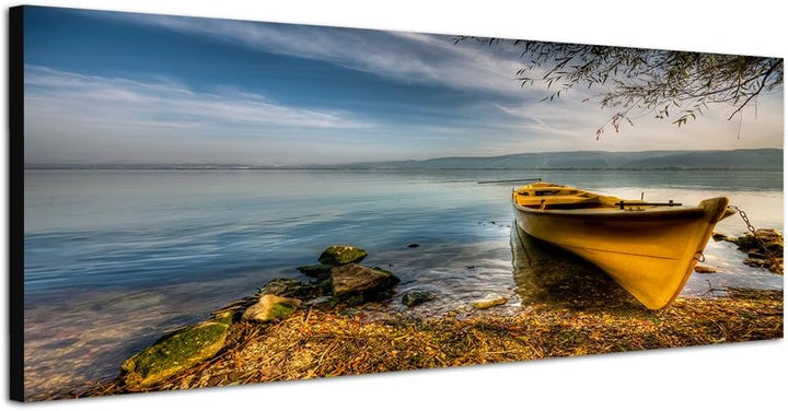 Paul Sinus Art Panoramabild auf Leinwand und Keilrahmen 150x50cm Meer Wasser Bucht Boot Wolkenschlei