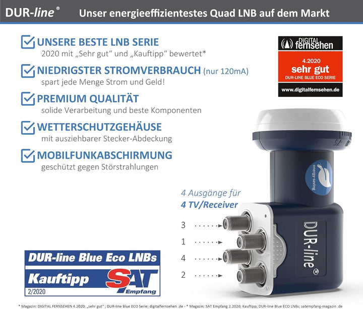 DUR-line Blue ECO Quad - Stromspar-LNB - 4 Teilnehmer - Premium-Qualität - [ Test SEHR GUT *] 4-Fach