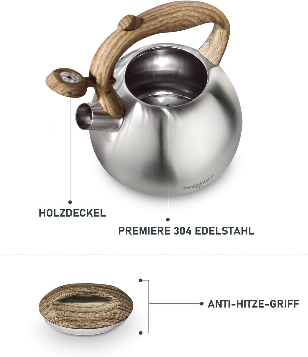 Poliviar Wasserkessel Induktion, Teekessel Induktion Edelstahl Pfeifkessel, Teekessel für alle Kochp