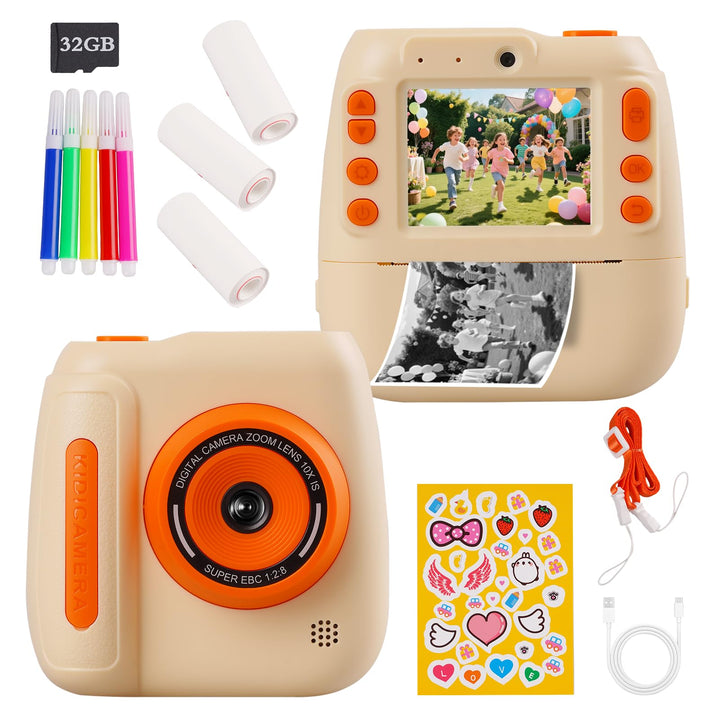 Sofortbildkamera für Kinder, 12 MP/1080P Digitalkamera für Kinder mit 32 G Karte und 3 Papierrollen,