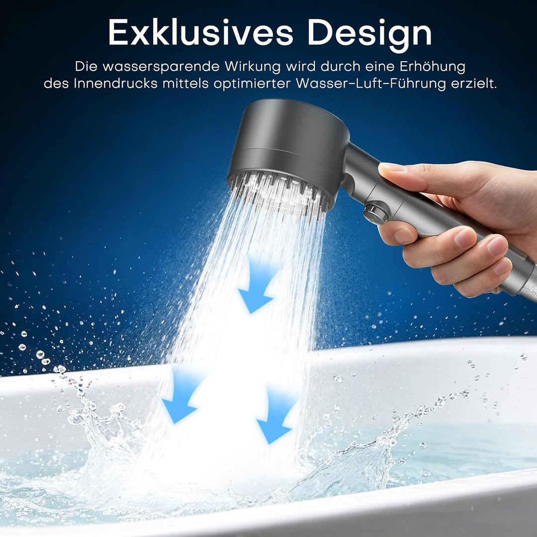 PWERAN Duschkopf mit Filter, 3+1 Strahlarten, Ein-Knopf-Wasserstopp, Grau Dunkelgrau 7.2 Liter pro M