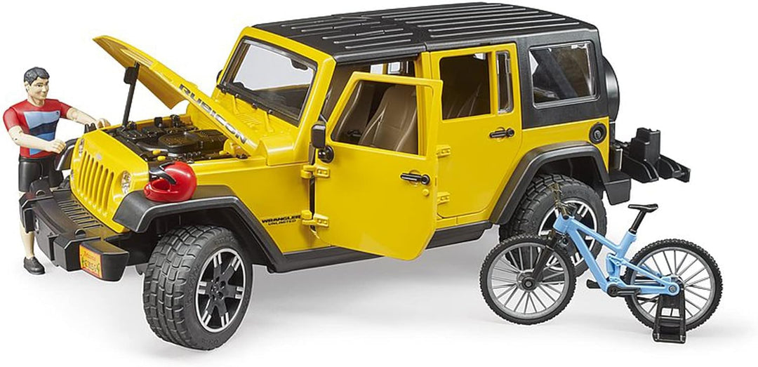 bruder 02543 - Jeep Wrangler Rubicon Unlimited mit Mountainbike &amp; Radfahrer- 1:16 Geländewagen Fahrr