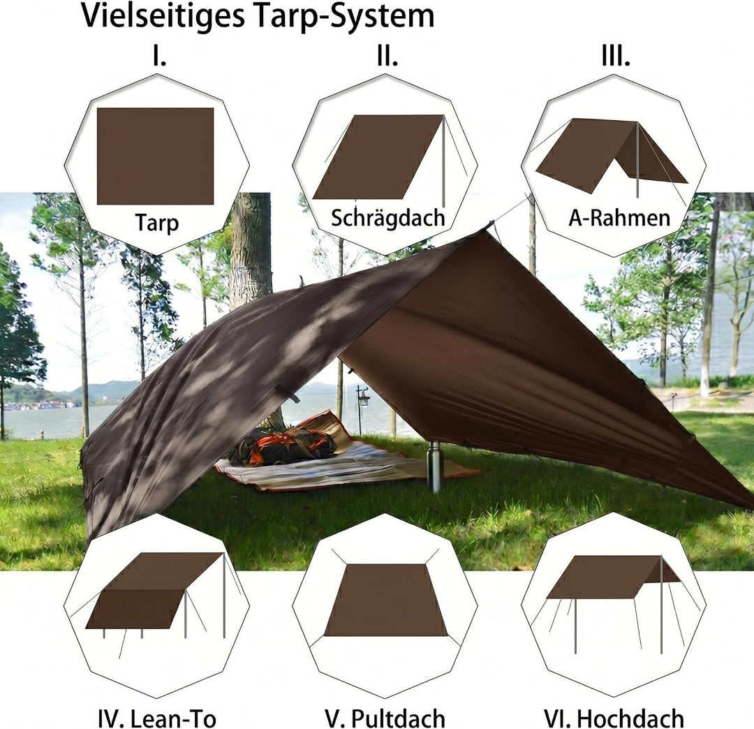 Zeltplane Tarp für Hängematte Regenschutz Sonnensegel für Ourdoor Camping Wasserdicht Anti-UV Brau 3