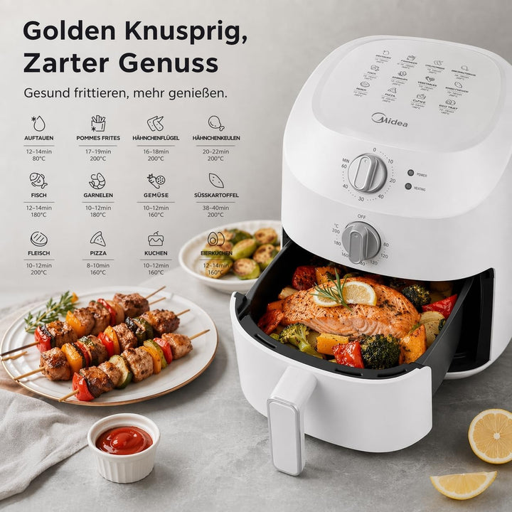 Midea Heissluftfritteuse 2L, 1150W Mini Airfryer für 1-2 Personen, 5-in-1 Frittieren Backen Grillen