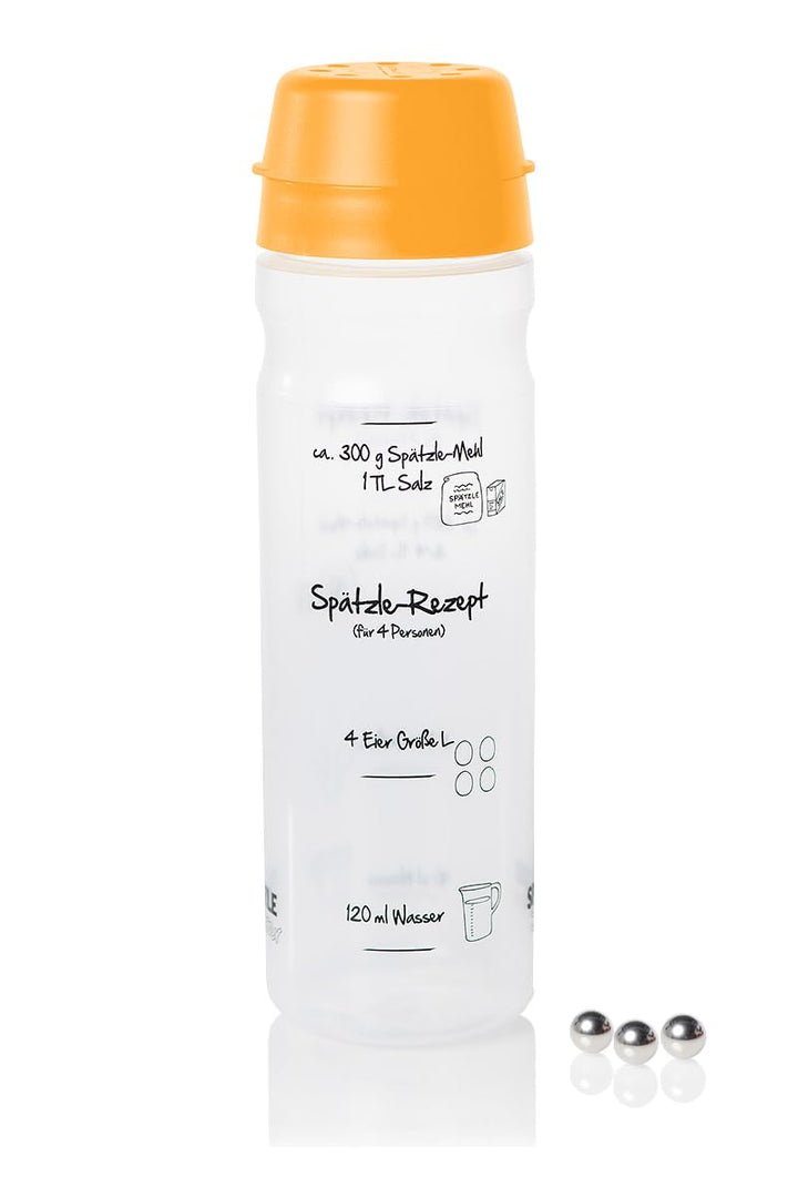 Spätzle-Shaker (ORANGE) für 2 Portionen selbstgemachte Spätzle (675ml) Spätzlepresse und Mixer in ei