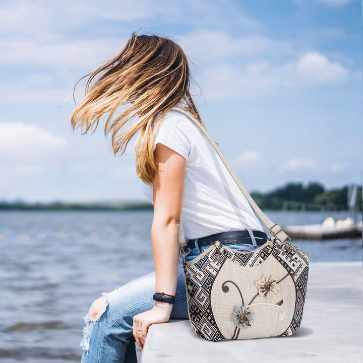 Boho Ethnische Umhängetasche, Hobo Umhängetasche, Damen-Leinentasche mit verstellbarem langem Schult