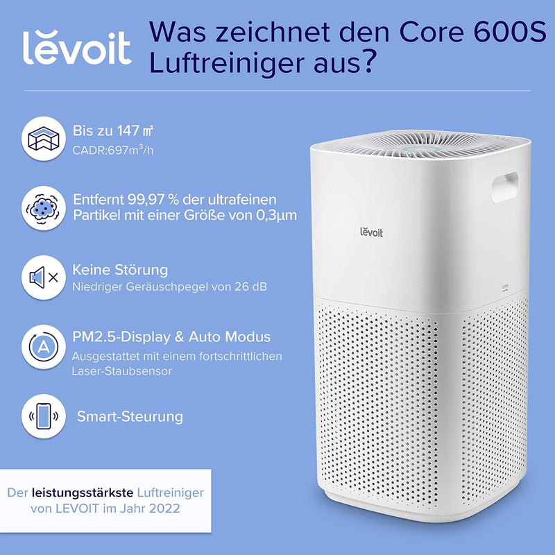 LEVOIT HEPA Luftreiniger für Raucherzimmer Allergiker, CADR 697m³/h bis 147㎡ Wohnung, PM2,5 Luftqual