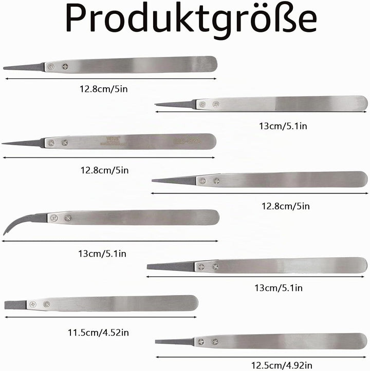 WANDIC Antistatische Pinzette, Set mit 8 Kunststoffspitzen, ESD-Edelstahl, Präzisionspinzetten für E