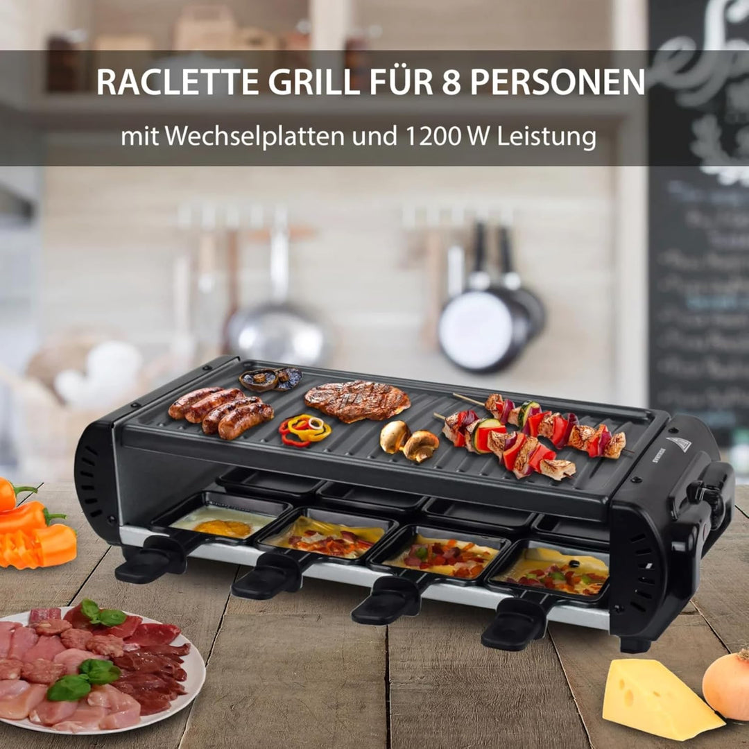 Syntrox Raclette Grill 8 Personen Liestal 1200W, 4-in-1 mit 4 Wechselplatten: Heisser Stein + Grillp