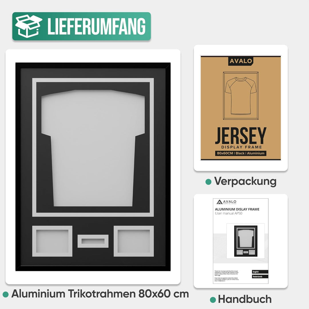 Avalo Trikotrahmen Aluminium - Objektrahmen für Fussballtrikot - 3D Box Frame - 60x80 CM - Schwarz -