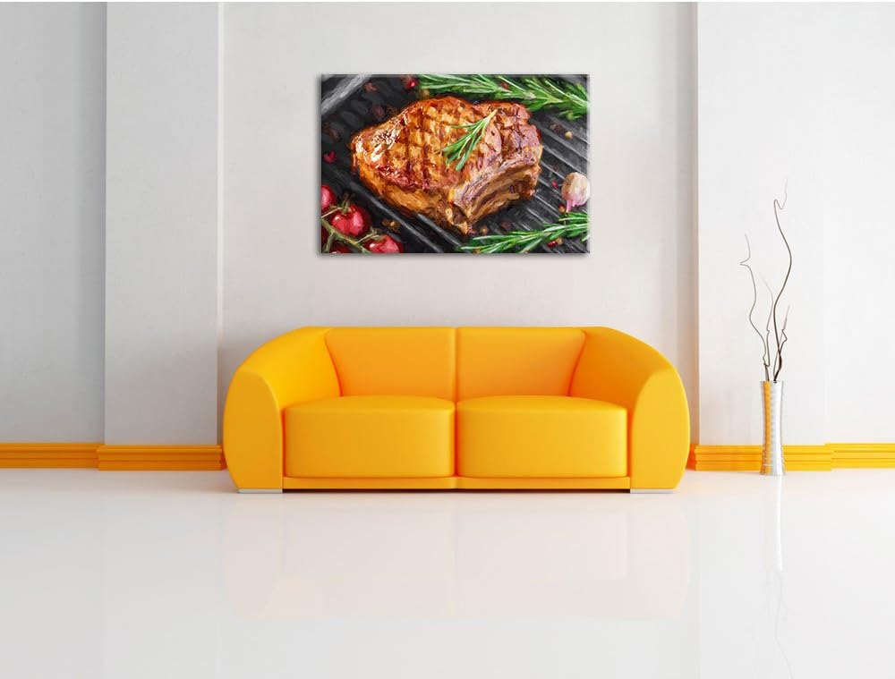 Pixxprint gegrilltes Steak mit Rosmarien garniert Pinsel Effekt, Format: 100x70 auf Leinwand, XXL ri