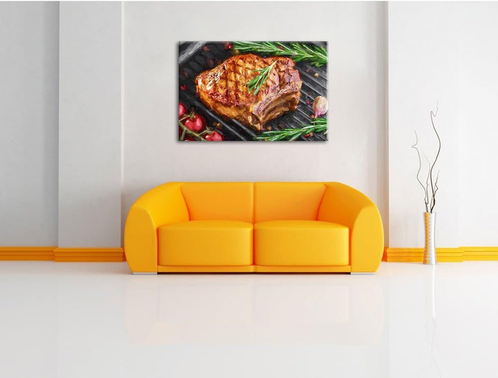 Pixxprint gegrilltes Steak mit Rosmarien garniert Pinsel Effekt, Format: 100x70 auf Leinwand, XXL ri