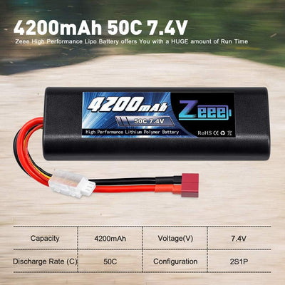 Zeee 2S Lipo Akku 7,4V 50C 4200mAh RC Akku mit Deans T Stecker für RC Car RC Truck RC Hobby(2 Packun