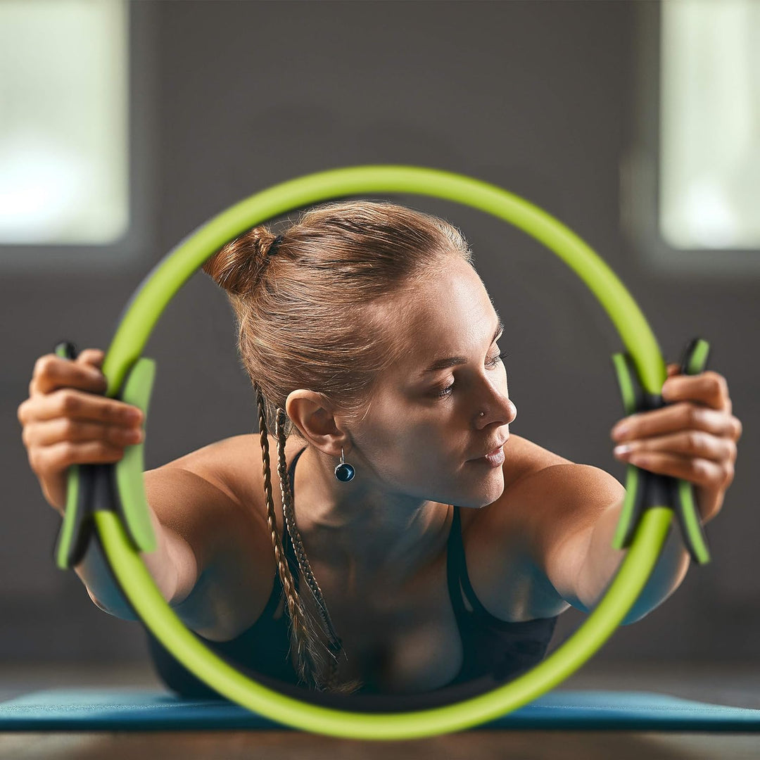 Bluefinity Pilates Ring mit Übungen, Doppelgriff, gepolstert, Widerstandsring Yoga, Fiberglas, Fitne