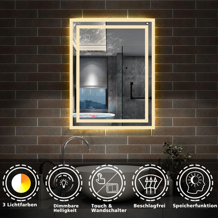 Aica Sanitär Badezimmerspiegel 50×70cm 3 Lichfarbe dimmbar Memory Wand/Touchschalter Beschlagfrei LE