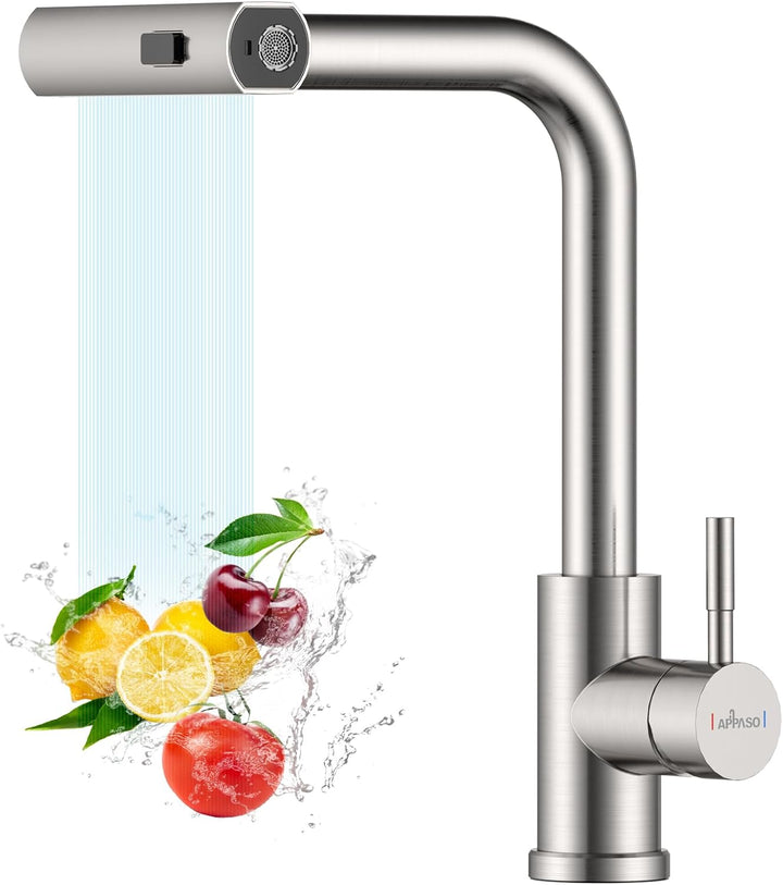 APPASO Waterfall Wasserhahn Küche Ausziehbar, Waterfall Hochdruck Küchenarmatur mit Bruase 360° Dreh