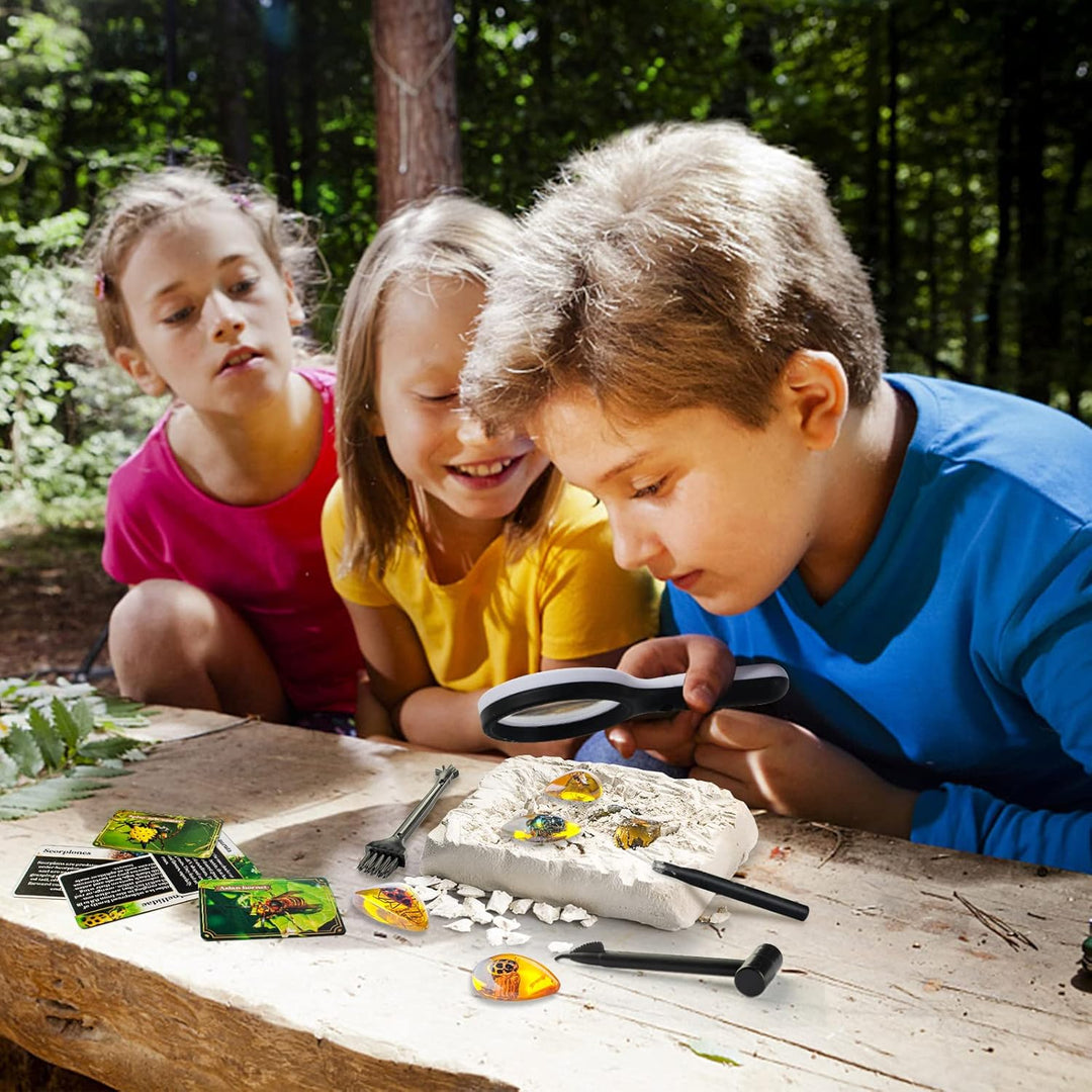 AMOSTING Bernstein Ausgrabungsset für Kinder ab 6 7 8 9 10-12 Jahren, Künstliche Insektenfossilien,