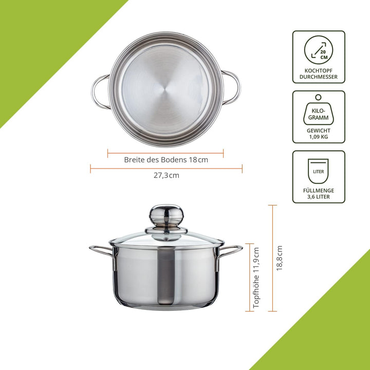 Level One Topf Edelstahl 20 cm Kochtopf Induktion 3,6 L Fleischtopf & Bratentopf mit Glasdeckel für