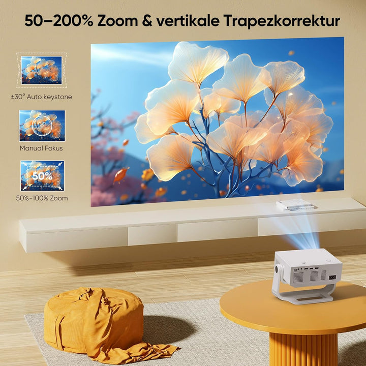 Smart Beamer Full HD 1080P mit 4K Unterstützung, Android 11, 28000 Lumens Helligkeit, 120° Verstellb