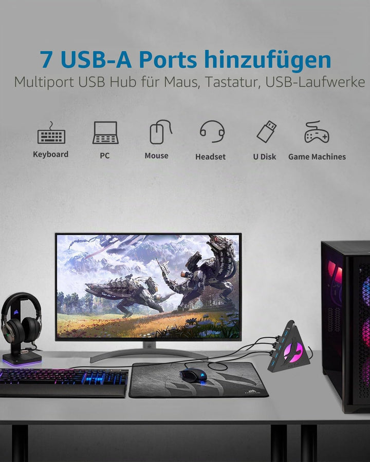 7 Ports USB Hub,JoyReken USB 3.0 verlängerung mit verlängertem 60cm Kabel,USB Verteiler für Laptop,