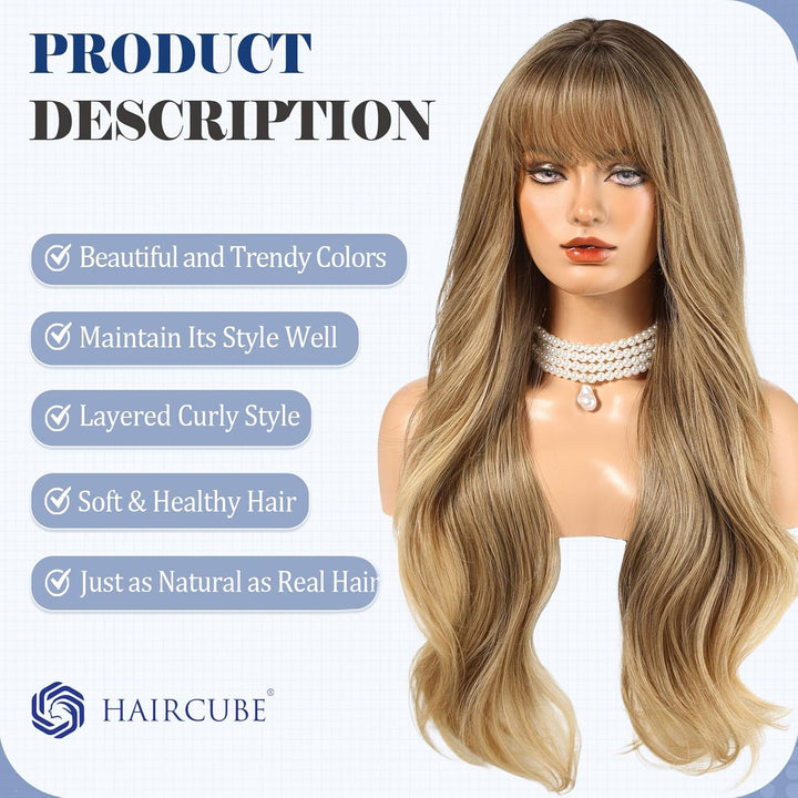 HAIRCUBE Lange blonde gemischte braune Perücke mit Pony, geschichtete lockige Perücken für Frauen, n