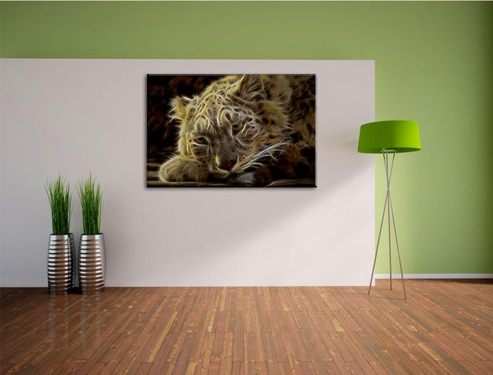 Dark ruhender Schneeleopard Deluxe Format: 100x70 cm auf Leinwand, XXL riesige Bilder fertig gerahmt