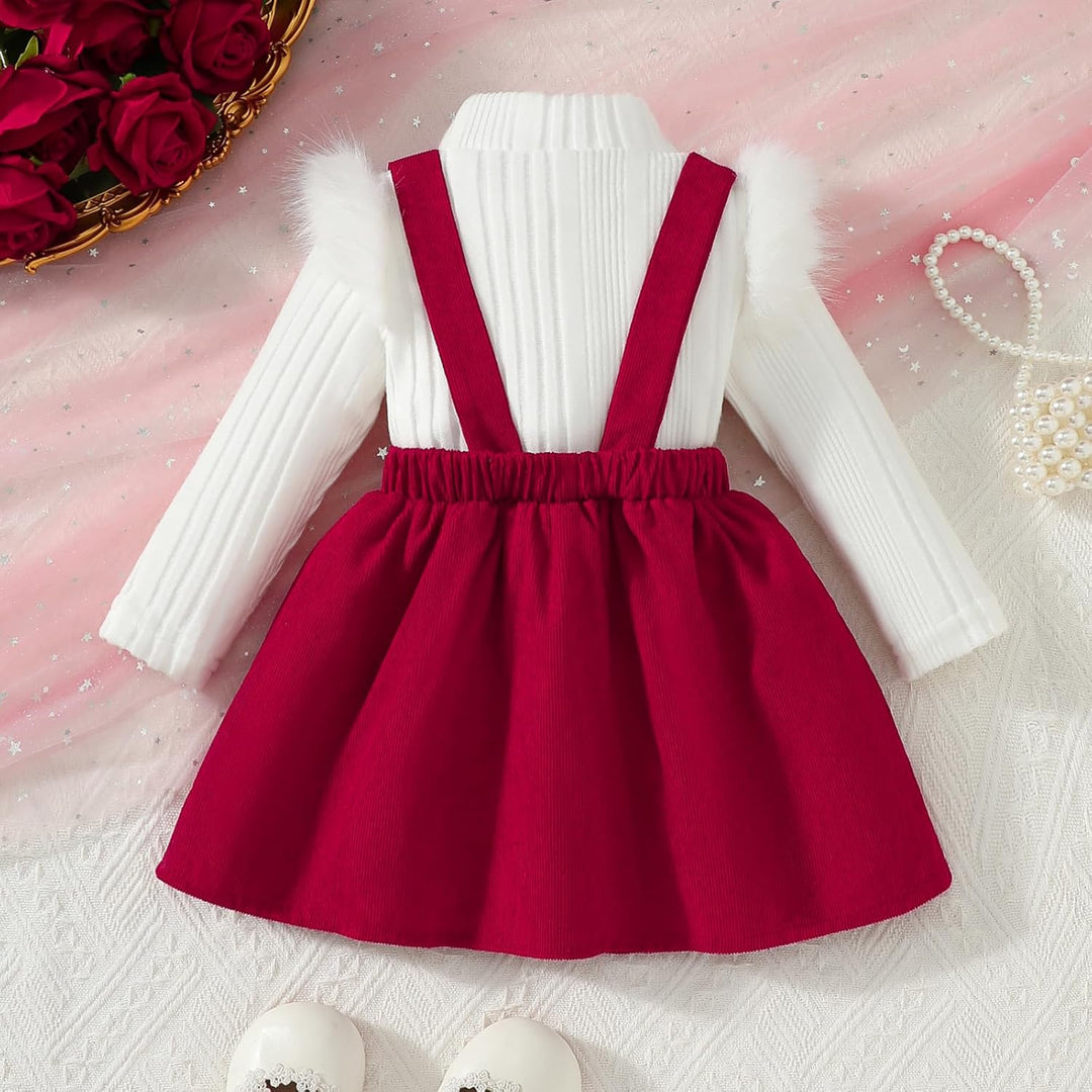 Kleinkind Baby Mädchen Kleidung Langarm Strick Rippenoberteile Schleife Cord Hosenträgerrock Kleid O