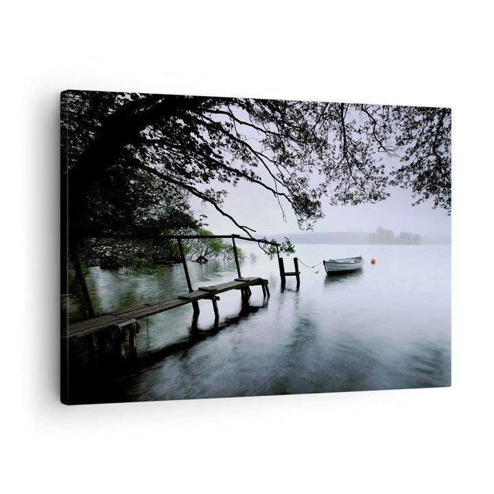 Bilder auf Leinwand See Dock Boot Bäume Leinwandbild mit Rahmen 70x50cm Wandbilder Dekoration Wohnzi