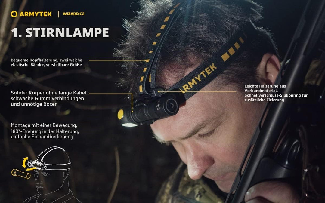 Armytek Neu Stirnlampe Wizard C2 v4 Warmweiss 1120 Lumen LED Taschenlampe Magnet USB Aufladbarer