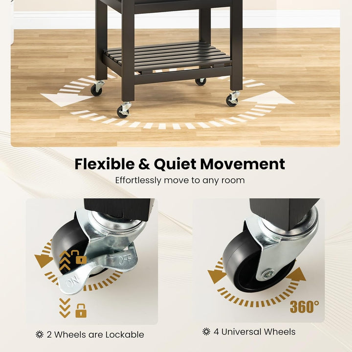 KOMFOTTEU Servierwagen mit Edelstahl Arbeitsplatte, Küchenwagen Klein, Rollwagen mit Schublade & Abl