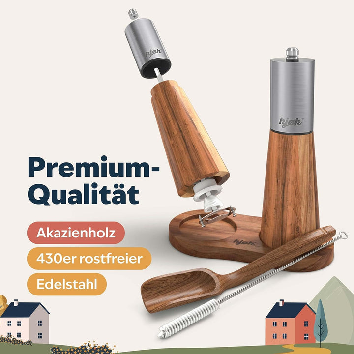kjøk Premium Salz und Pfeffer Mühle Edelstahl und massives Akazienholz mit Untersetzer, Reinigungsbü