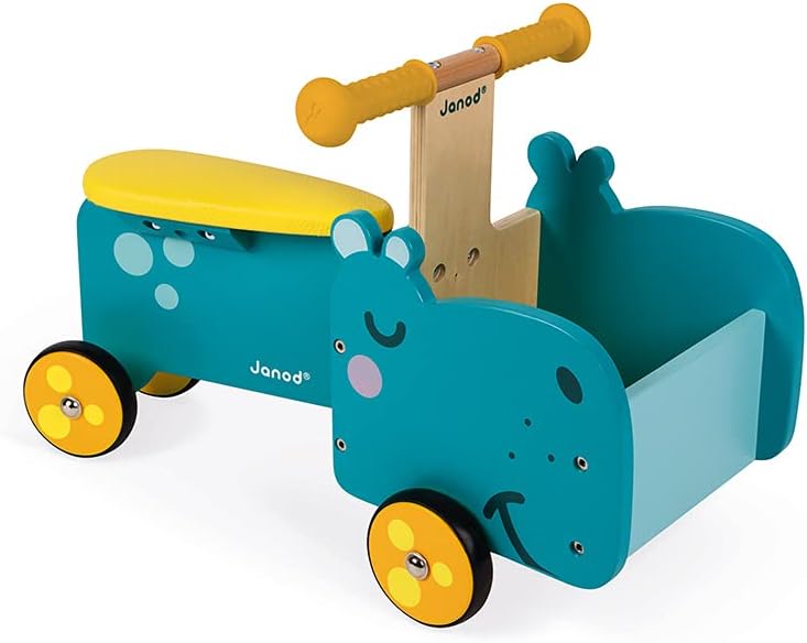 Janod - Hippopotamus Wooden Ride-On for Children - Ergonomic Handles and Silent Wheels - Storage Com