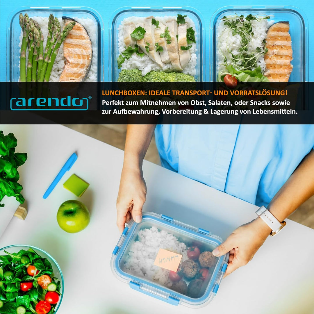 Arendo - Lunchboxen Glas - Frischhaltedosen für Lebensmittel mit Deckel luftdicht - 2er Set - 1520 m