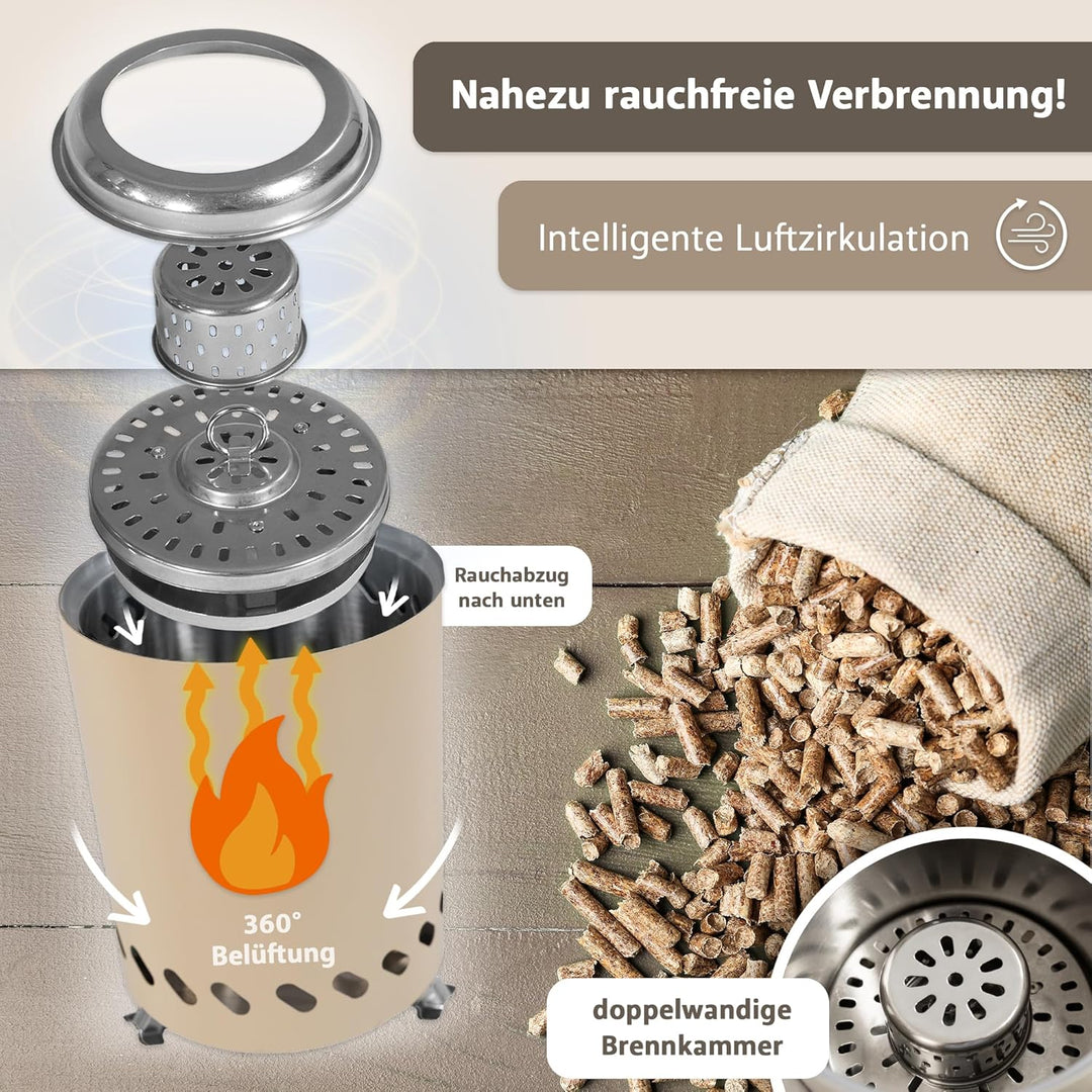 Tischkamin beige rauchfrei, Tischfeuer Outdoor, Mini-Feuerstelle tragbar mit Tragetasche, rauchfreie
