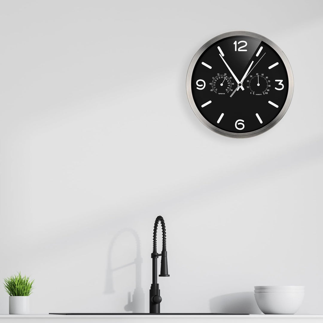 Bresser Funkuhr Wanduhr MyTime ND Thermo-Hygro mit geräuschlosem Funkuhrwerk, Edelstahlrahmen und An