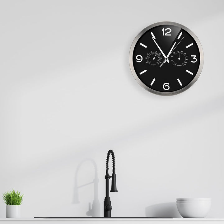 Bresser Funkuhr Wanduhr MyTime ND Thermo-Hygro mit geräuschlosem Funkuhrwerk, Edelstahlrahmen und An